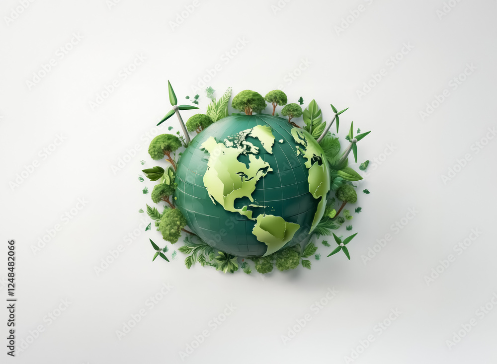 Green earth with foliage and wind turbines in a double exposure style. Symbolizes nature, ecology, and sustainable energy on a clean background. Green earth with foliage and wind turbines in a double exposure style. Symbolizes nature, ecology, and sustainable energy on a clean background.
