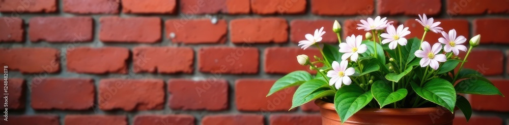 Obraz premium Trachelospermum asiaticum in a decorative planter against red brick, Trachelospermum asiaticum, jasmine, foliage