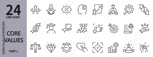 Core Values line icons set with Growth, Focus, Success, Quality, Handshake, Goal, Leadership, Positive, Teamwork, Trust and more. Editable Stroke