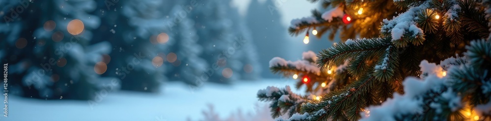 Twinkling lights adorn the branches of a Christmas tree amidst a blanket of white, winter wonderland, evergreen tree Twinkling lights adorn the branches of a Christmas tree amidst a blanket of white, winter wonderland, evergreen tree
