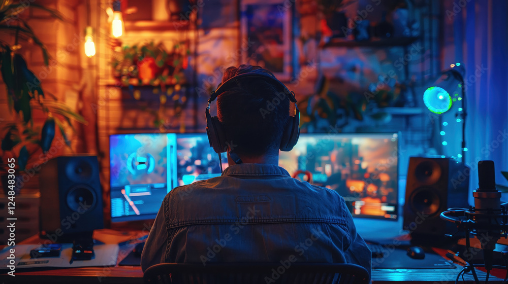 podcaster working in home studio, surrounded by plants and colorful lights, creating content with multiple screens and audio equipment podcaster working in home studio, surrounded by plants and colorful lights, creating content with multiple screens and audio equipment
