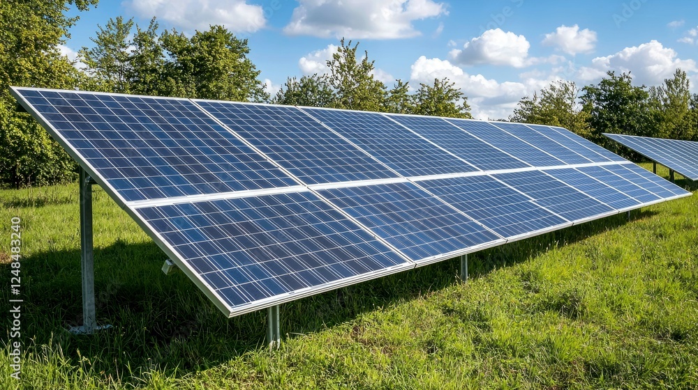 Harnessing the Sun's Power: A Stunning View of Solar Panels in a Lush Green Field Harnessing the Sun's Power: A Stunning View of Solar Panels in a Lush Green Field