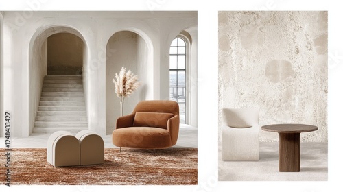 A minimalist home design board showcasing lighting and furniture.