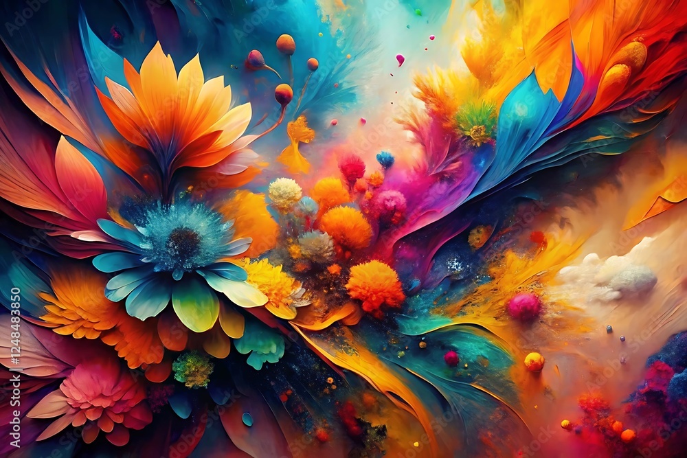Obraz premium Colorful painting of flowers with a blue flower in the middle