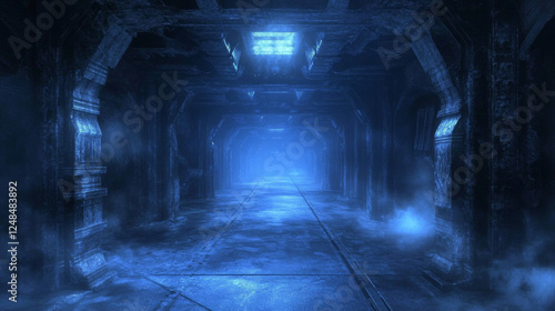 Underground concrete utility tunnel with fog and low key blue lighting industrial grunge concrete background 3d render illustration