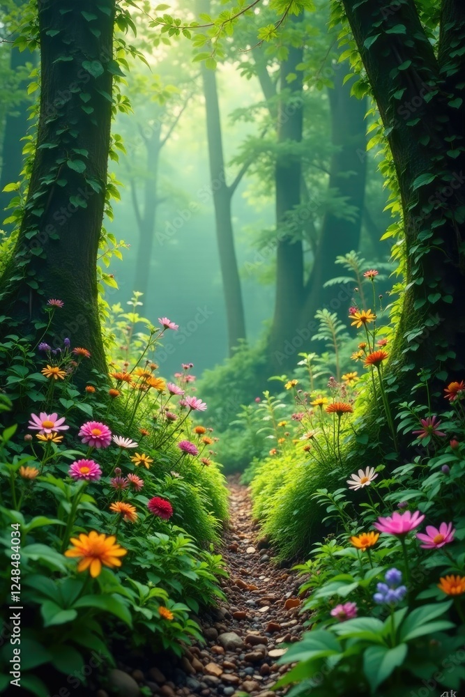 Fototapeta premium undergrowth covered with wildflowers and ferns, natural scenery, greenery, ferns