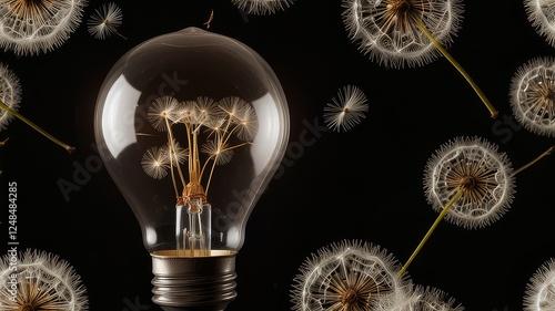 Edison light bulb with dandelion seeds on black background