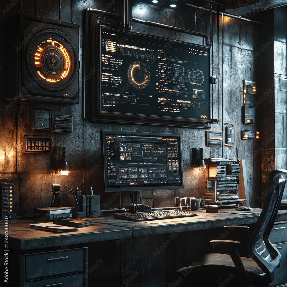 Fototapeta premium Cyberpunk Workspace: Futuristic Desk Setup with Monitors and Tech