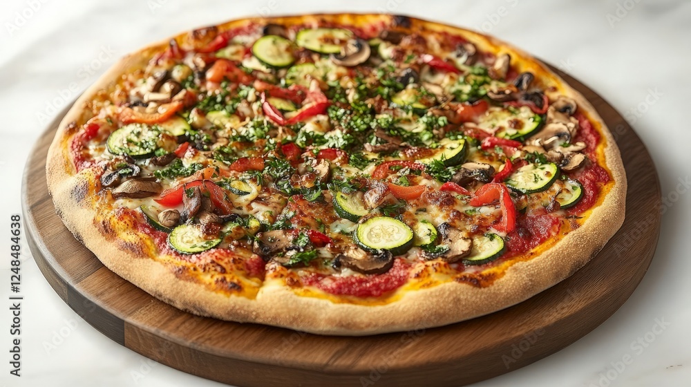 A whole veggie pizza on a wooden pizza board, with an assortment of fresh vegetables including zucchini, mushrooms, and bell peppers, ready to be served. A whole veggie pizza on a wooden pizza board, with an assortment of fresh vegetables including zucchini, mushrooms, and bell peppers, ready to be served.