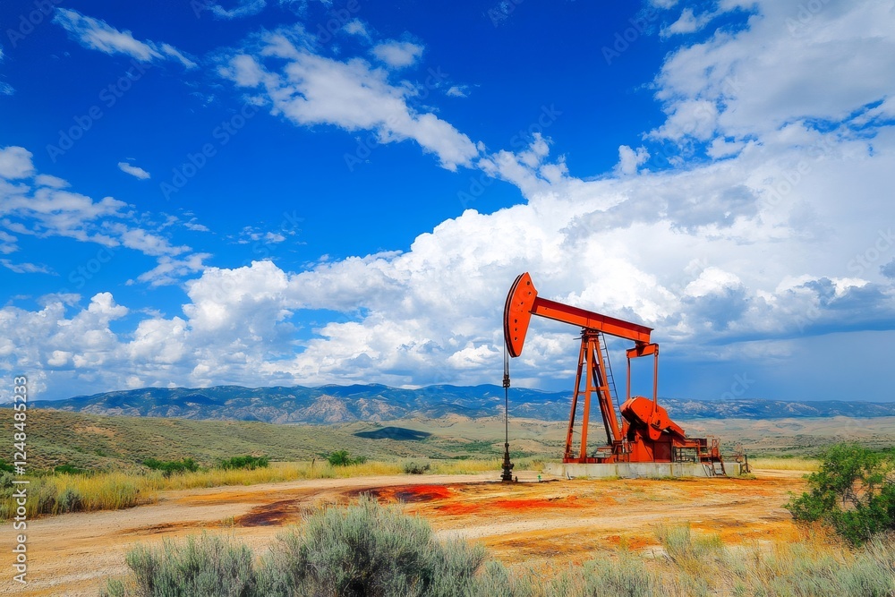 Red pump jack extracting crude oil under blue sky in the desert Red pump jack extracting crude oil under blue sky in the desert