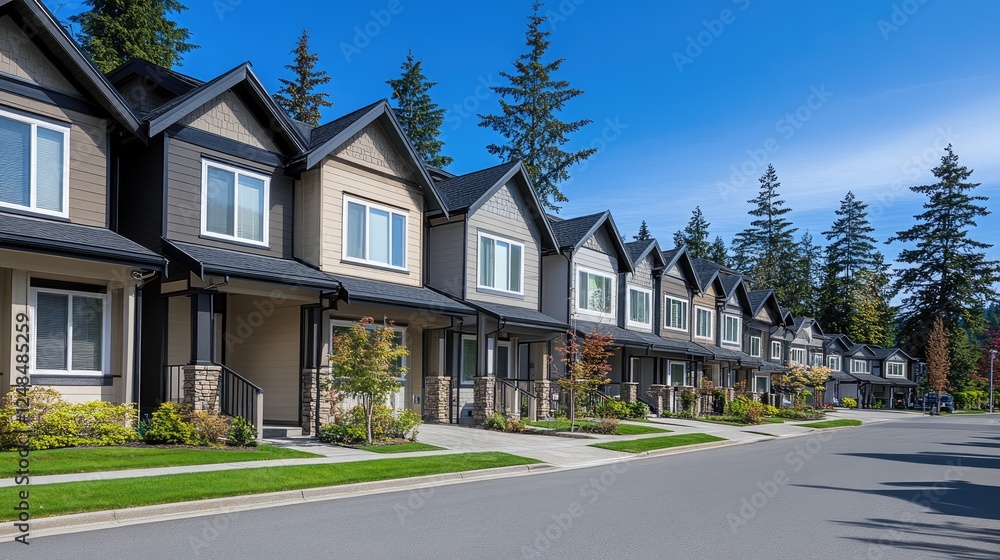 A modern housing complex with a mix of apartments and townhouses. A modern housing complex with a mix of apartments and townhouses.