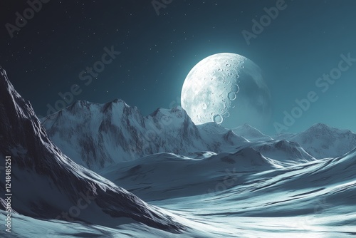 Snowy mountain range at night under a large moon photo