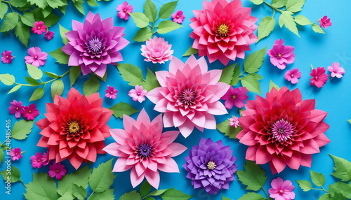 Flores de papel de colores en tonos rosa y morado dispuestas sobre un fondo azul brillante, con hojas y follaje verdes que realzan la composición photo