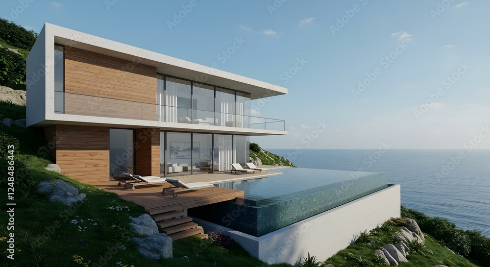 Fototapeta premium Modern Cliffside Villa with Infinity Pool and Ocean View