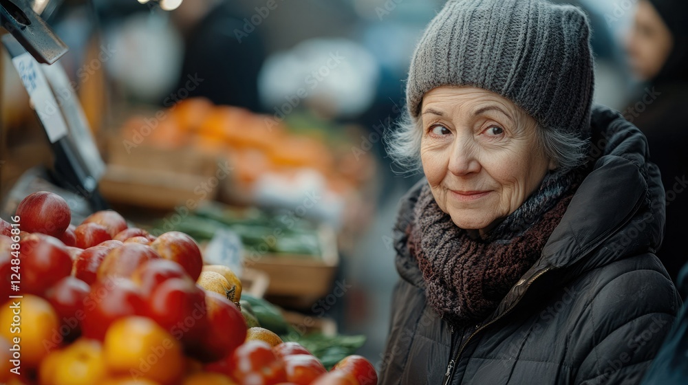Elderly woman enjoying fresh produce at a bustling market on a cool autumn day Elderly woman enjoying fresh produce at a bustling market on a cool autumn day