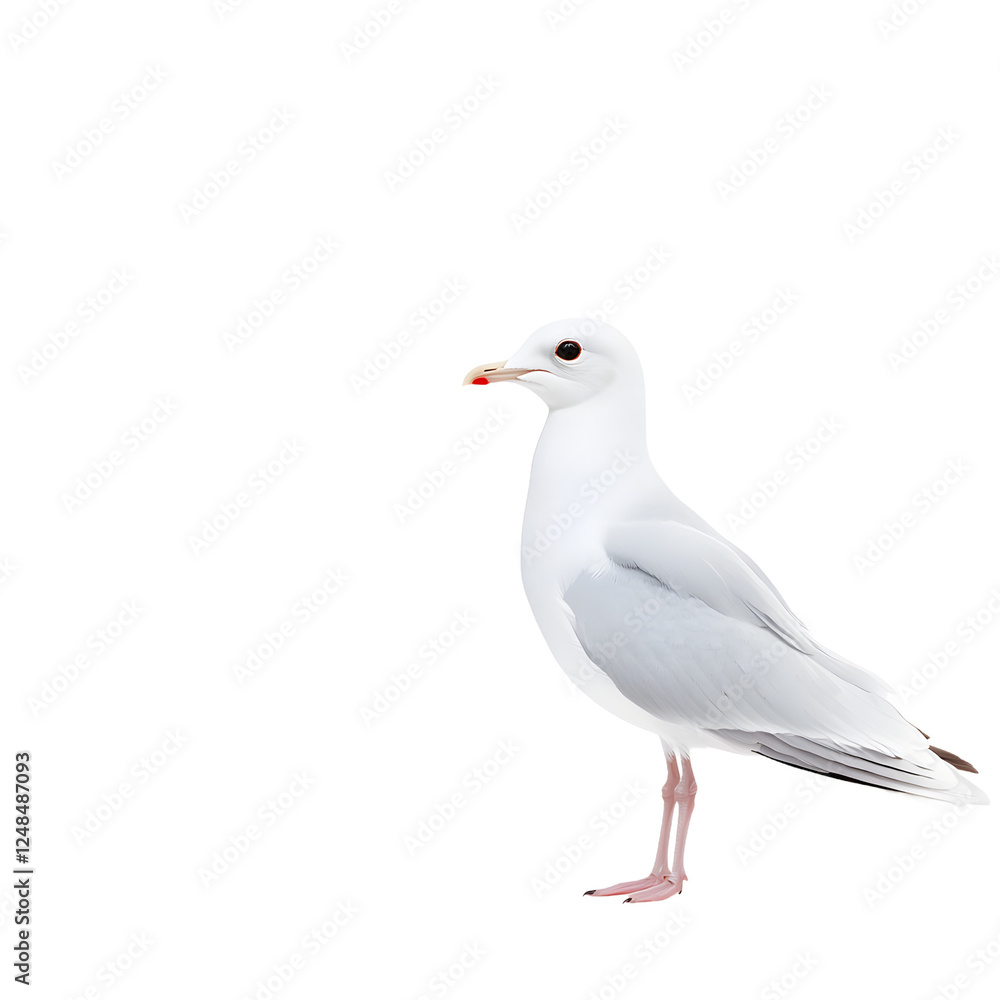 Seagull perched on a white background, showcasing its graceful posture.
Seagull perched on a white background, showcasing its graceful posture.