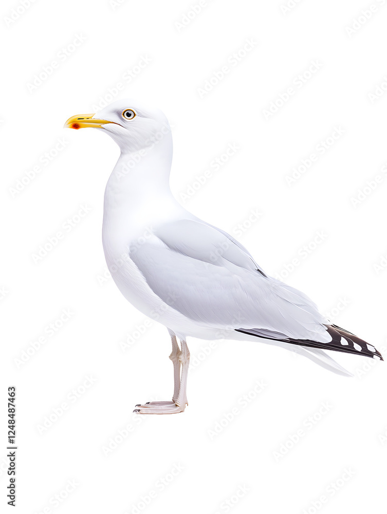 Seagull perched on a white background, showcasing its graceful posture.
Seagull perched on a white background, showcasing its graceful posture.