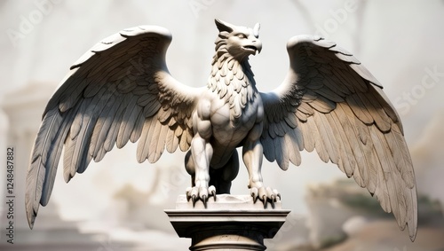 Majestic Griffin Sculpture: A Powerful Mythical Creature with Eagle Wings and Lion Body, Carved from White Marble, Classic Artistic Style. Renaissance. 3 photo