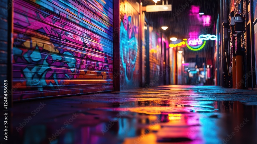 Fototapeta premium Neon-lit alleyway, graffiti, rain reflections, night city, urban backdrop