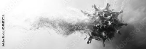 Abstract grayscale image of a virus or microbe, with smoke or vapor trails, depicting a concept of infection or disease.