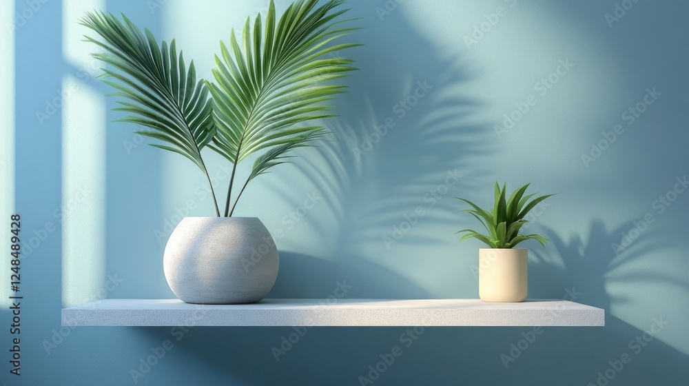 A minimalistic interior scene featuring a shelf with two potted plants against a light blue wall, casting soft shadows A minimalistic interior scene featuring a shelf with two potted plants against a light blue wall, casting soft shadows