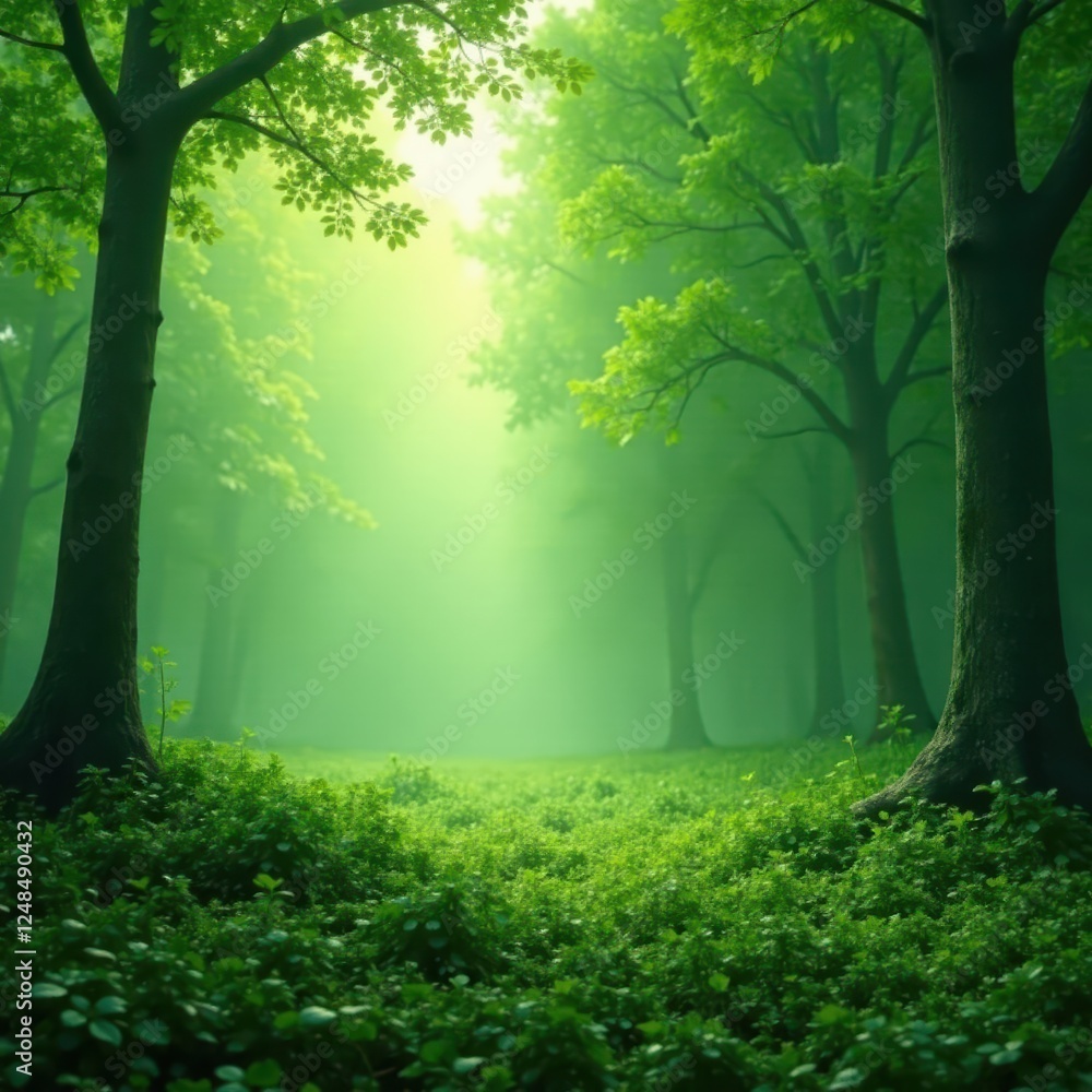 Fototapeta premium Misty forest landscape with green bokeh background, bokeh, blurred, mist