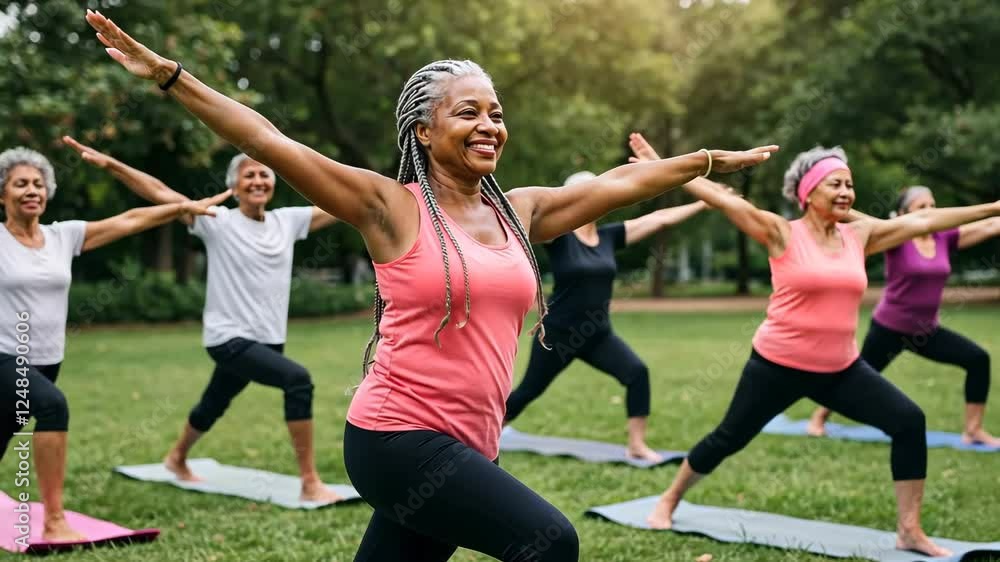 African American women in yoga class, fitness, exercise, and wellness in park. Group, senior people, health, active lifestyle, training outdoor, balance and stretching together African American women in yoga class, fitness, exercise, and wellness in park. Group, senior people, health, active lifestyle, training outdoor, balance and stretching together
