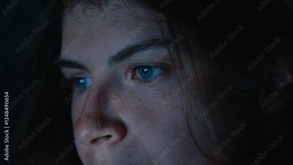 Digital nomad woman work remotely on project on her laptop inside a camper van at night. Blue screen lit face. Working remotely as a creative. Living off grid in a converted camper. Travel with dog Digital nomad woman work remotely on project on her laptop inside a camper van at night. Blue screen lit face. Working remotely as a creative. Living off grid in a converted camper. Travel with dog