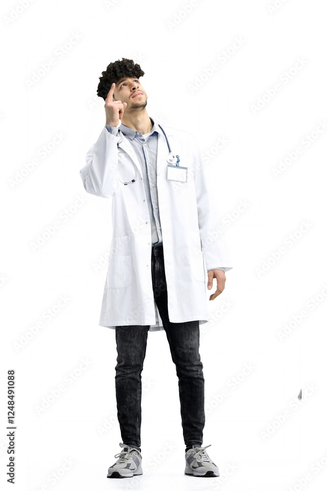 A male doctor, full-length, on a white background, has an idea A male doctor, full-length, on a white background, has an idea