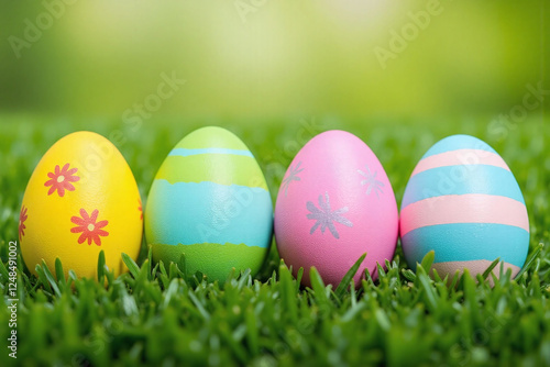 four colorful Easter eggs arranged horizontally on fresh green grass
