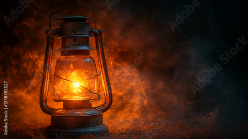 Vintage kerosene lamp glowing in darkness with smoke effect. Rustic oil lantern creating mysterious atmosphere against black background