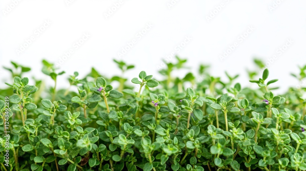 Close-up view of fresh thyme sprigs against a plain white background, showcasing their vibrant green leaves and delicate stems Close-up view of fresh thyme sprigs against a plain white background, showcasing their vibrant green leaves and delicate stems
