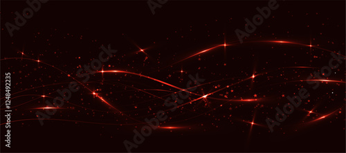 Abstract red beet lines and waves. Fiery flares with motion effect, lens flares. Stardust effect with shining particles on dark background.