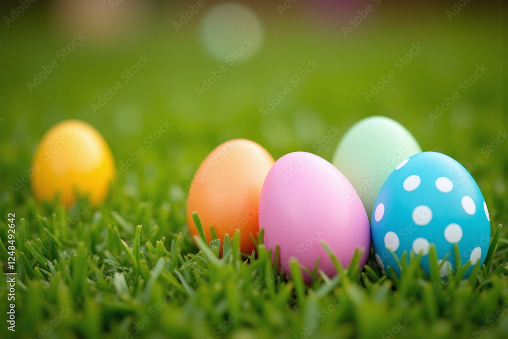 four uniquely decorated Easter eggs on grass in garden spring four uniquely decorated Easter eggs on grass in garden spring