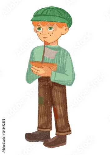 illustration. boy with a toy boat