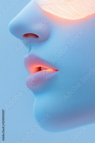 A minimal shot of a womanâ€™s lips under translucent blue leaf edges, soft illumination pulsing to