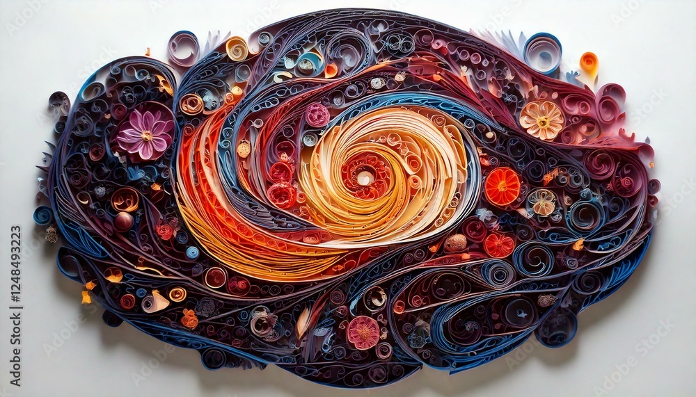 A cosmic, galaxy-like quilled design with swirling nebula-inspired forms A cosmic, galaxy-like quilled design with swirling nebula-inspired forms