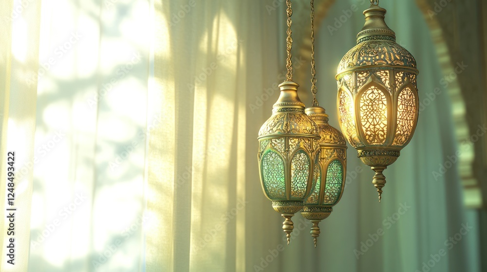 Elegant ornate lanterns hang near sheer curtains Elegant ornate lanterns hang near sheer curtains