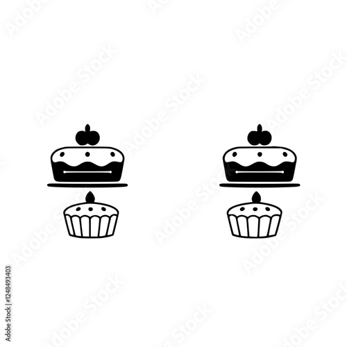 Simple monochrome illustration of two cake icons. Features show a top cake with two berries and a small cupcake.