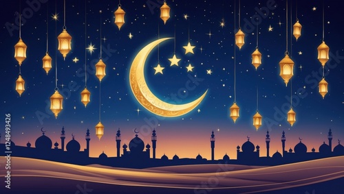 Captivating scene of a crescent moon and stars above a silhouette of mosques, with hanging lanterns illuminating the night sky and 
