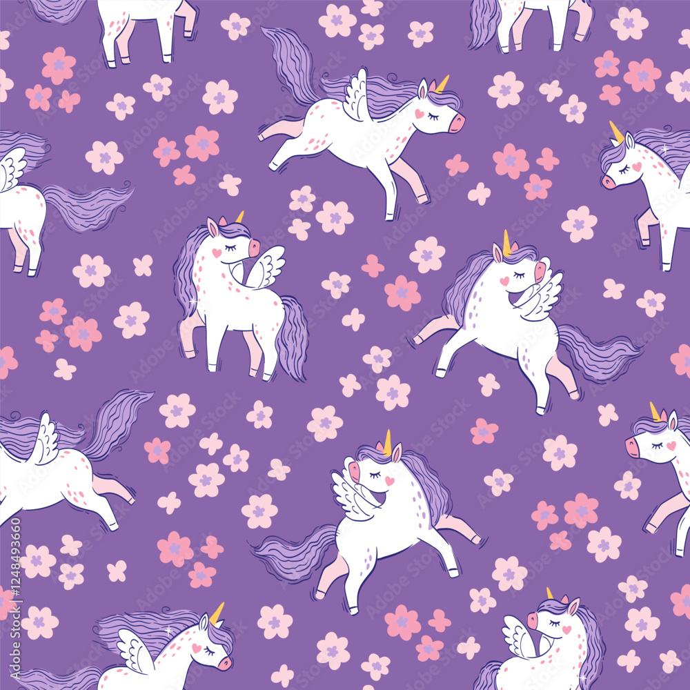 White unicorn with purple mane and tail among tiny flowers. Vector seamless pattern with cute unicorns on a purple floral background White unicorn with purple mane and tail among tiny flowers. Vector seamless pattern with cute unicorns on a purple floral background