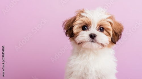 Adorable Shih Tzu Puppy on Soft Pink Background Looking Curious