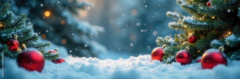 Snowflakes gently falling on a festive winter scene with ornaments and evergreen trees, snowy, winter, evergreen Snowflakes gently falling on a festive winter scene with ornaments and evergreen trees, snowy, winter, evergreen