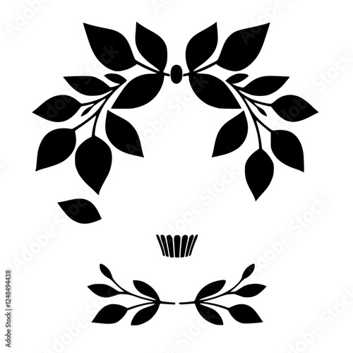 Black Silhouette Laurel Wreath, Crown, and Additional Branches, Isolated on White.