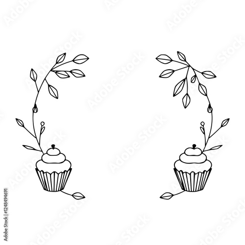 Black and white illustration of two cupcakes with floral vines, creating a symmetrical frame.