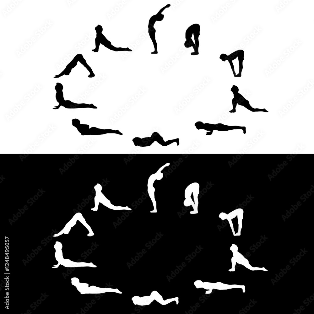 Obraz premium yoga silhouettes vector. Strength and balance, Surya Namaskar