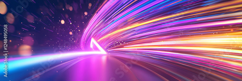 A dynamic perspective of a neon-defined triangle flanked by bold purple, pink, and yellow beams of