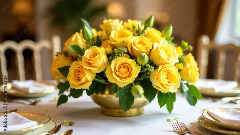 Obraz premium wedding table with decor floral composition made of yellow flowers; professional photography, floral installation, beauty and elegance