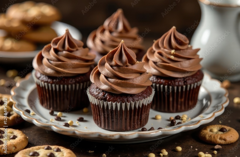 sweet dessert concept for bakery menu or pastry shop. culinary blog poster or recipe card. delicious chocolate cupcakes with swirled frosting arranged on rustic wooden table. sweet dessert concept for bakery menu or pastry shop. culinary blog poster or recipe card. delicious chocolate cupcakes with swirled frosting arranged on rustic wooden table.