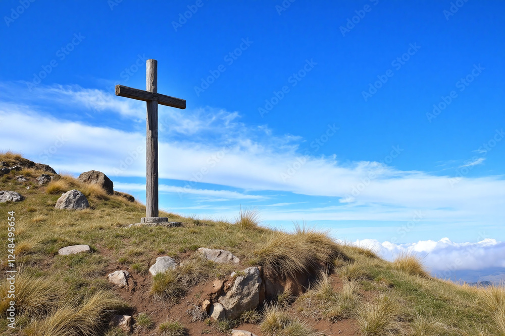 large weathered wooden cross on grassy hill blue sky large weathered wooden cross on grassy hill blue sky